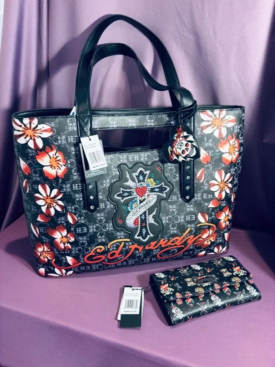 Ed Hardy Large Floral Tote Bag with Matching Wallet - Picture 1 of 14